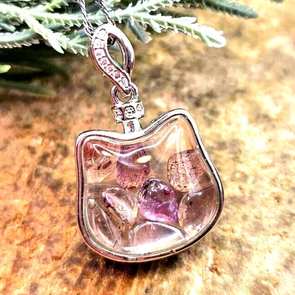 Floating Nature Super Seven Crystals Silver Cat Pendant Necklace - Picture 1 of 10